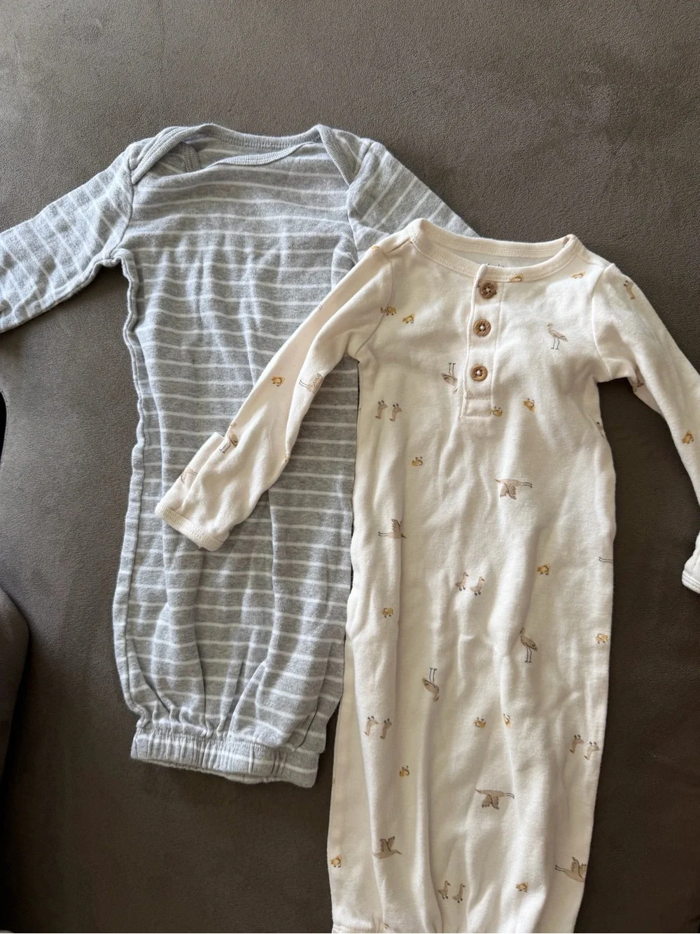 Neutral Stripe and Cream Print Baby Pajama Gown Set Ducks 2 pack bundle